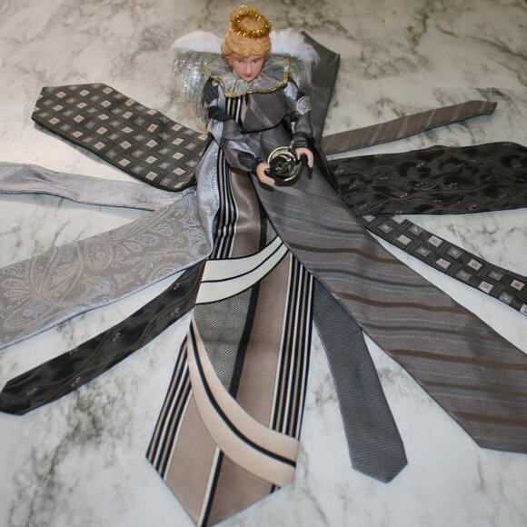 UPCYCLED Angel Necktie Tree Topper Table Centerpiece Christmas Decoration Grey - Picture 7 of 13